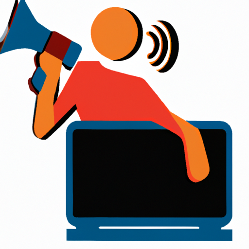 an abstract design of a person with a laptop and a megaphone