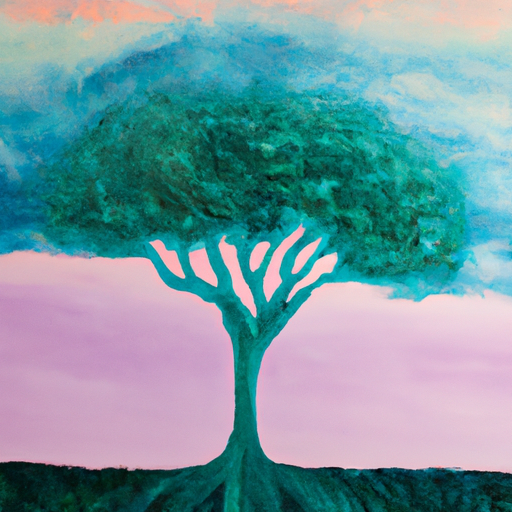 An abstract painting of a blue and green tree silhouette against a pink sky