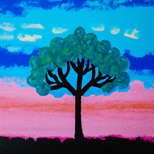 An abstract painting of a blue and green tree silhouette against a pink sky