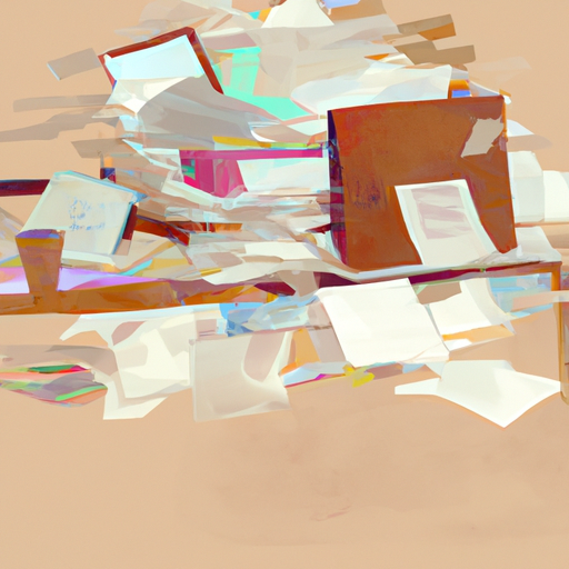 An abstract painting of a desk overflowing with paperwork on a beige canvas