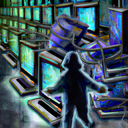 An abstract painting of a worker surrounded by an array of computer screens