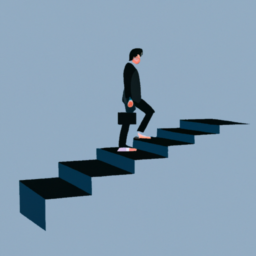 An animation of a person walking up a flight of stairs with a briefcase