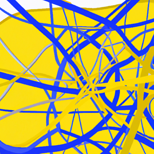 A blue and yellow abstract art piece showing a network of intersecting shapes