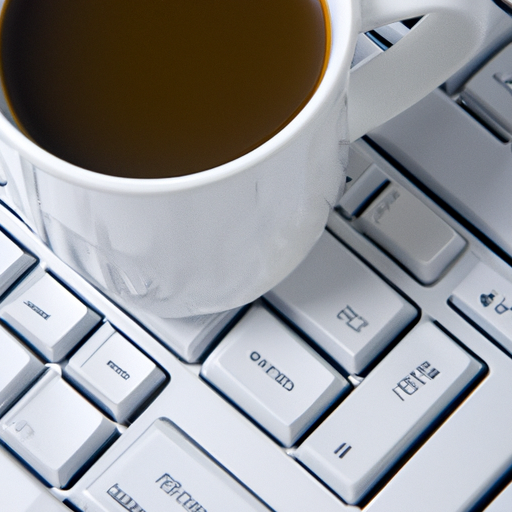 A closeup of a computer keyboard with a coffee cup on top of it