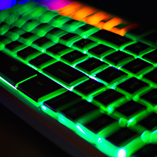 A closeup of a computer keyboard with colorful keys illuminated by a bright green light