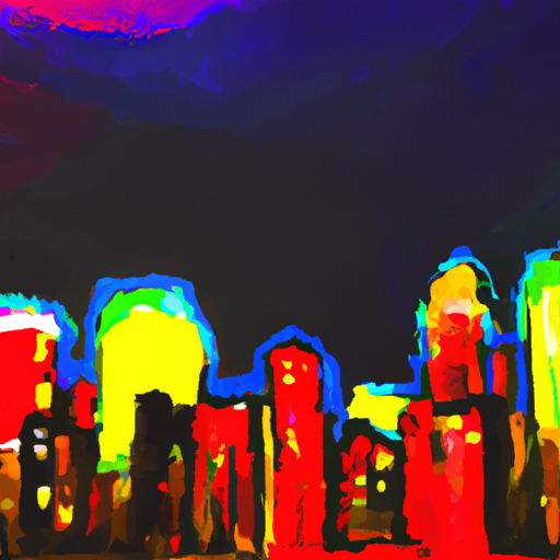 A colorful painting of a city skyline illuminated by streetlights