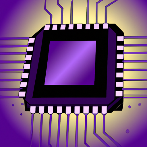 A detailed illustration of a computer chip in shades of blue and purple