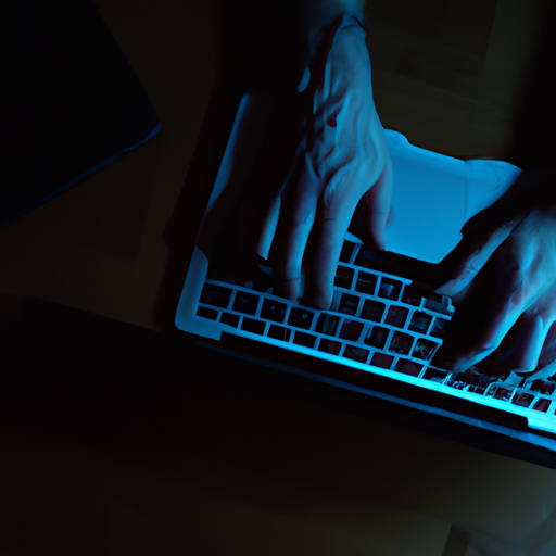 A highangle shot of a person typing on a laptop in a dimly lit office