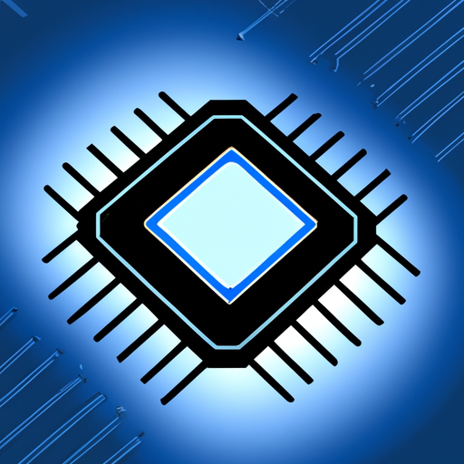 An illustration of a computer chip in a bright blue light