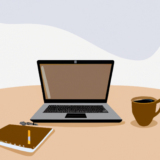 An illustration of a desk with a laptop a notebook and a cup of coffee in a bright home office