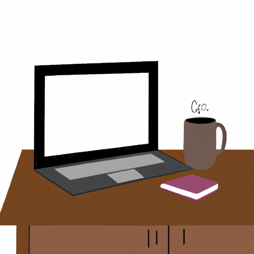 An illustration of a laptop and a mug of coffee sitting on a desk in a cozy home office