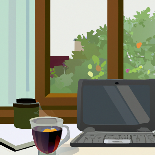 An illustration of a laptop and a cup of tea on a desk with a view of a garden outside the window