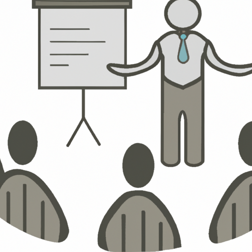 An illustration of a person giving a presentation in front of a group of people