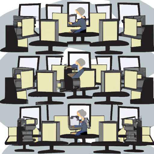 An illustration of a person working on a laptop in an array of computer monitors