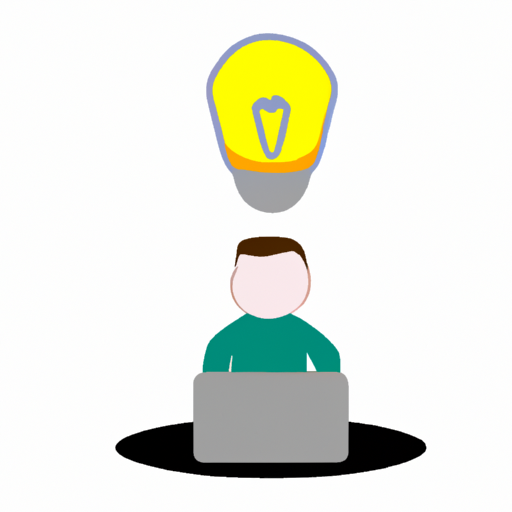 a minimalist design of a person with a laptop and a light bulb in the background