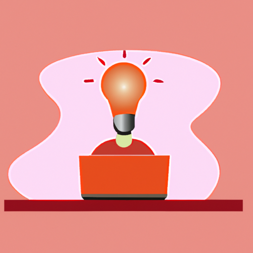 a minimalist design of a person with a laptop and a light bulb in the background