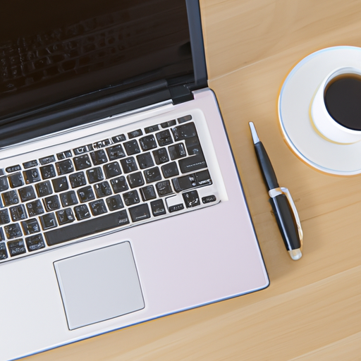 An overhead view of a desk with a laptop coffee cup and a pen