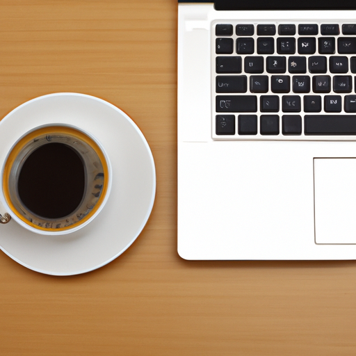 An overhead view of a desk with a laptop and a cup of coffee