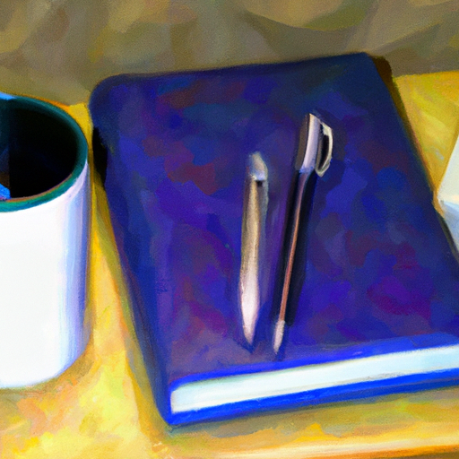 An oil painting of a coffee mug notebook and pen on a desk