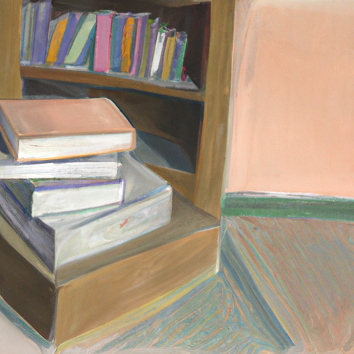 A pastel drawing of a stack of books in a library corner