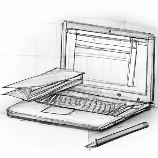 A pencil drawing of a laptop with open documents on a white background