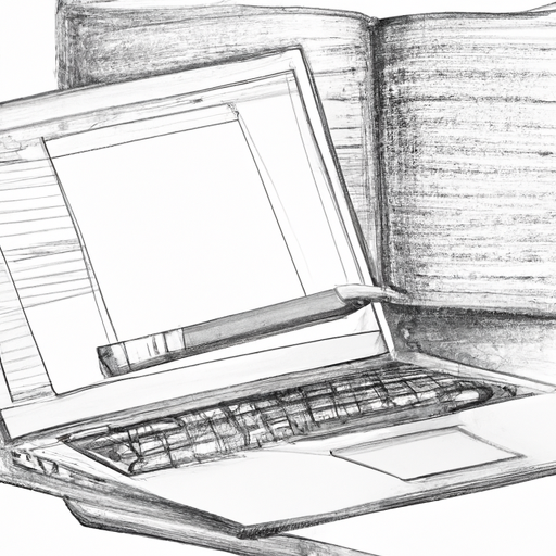 A pencil drawing of a laptop with open documents on a white background