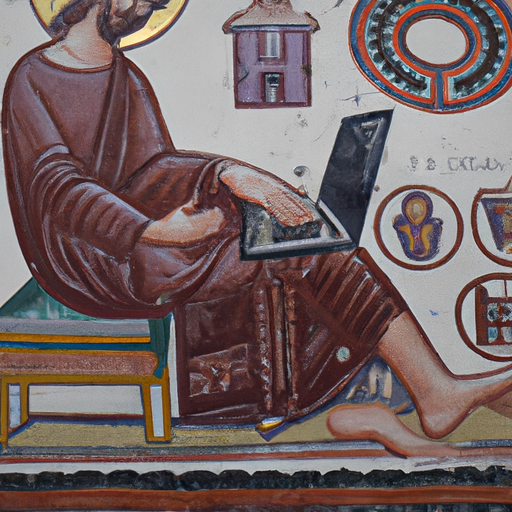 person using laptop  a Byzantine icon