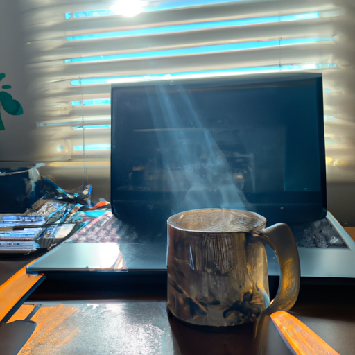 A photo of a desk with a laptop and a mug of coffee on it with the morning sun shining through the window