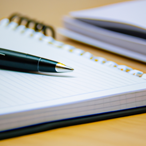 a photo of a desk with a notepad and pen