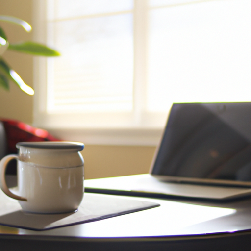 A photo of a laptop and a mug of coffee on a desk in a living room with natural light streaming in