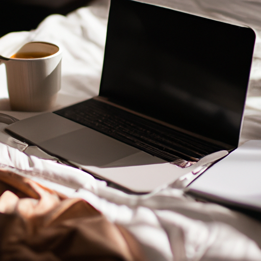 A photo of a laptop a notebook and a cup of coffee on a desk in a sunlit bedroom