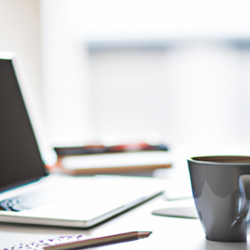 A photo of a laptop and a notebook on a desk with a cup of coffee in a bright home office