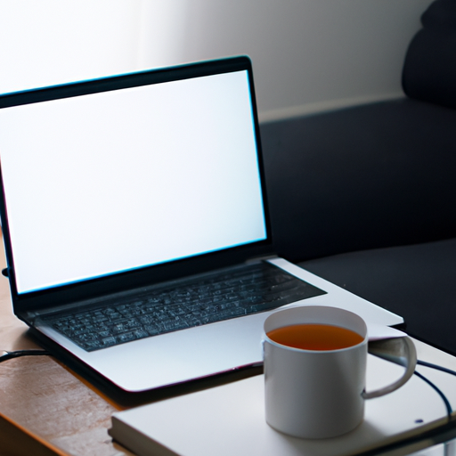 A photo of a laptop with a notebook and a cup of tea on a desk in a living room