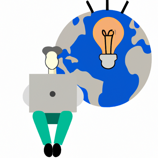 a stylized illustration of a person with a laptop a light bulb and a globe