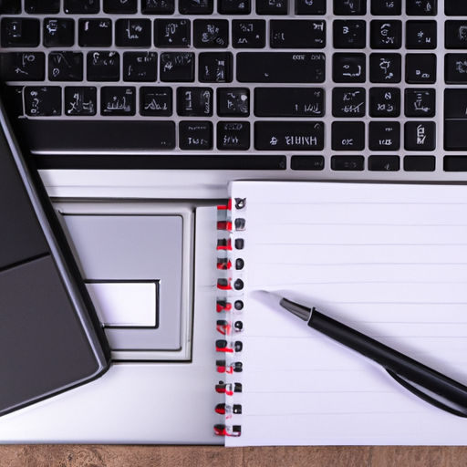 A top view of a laptop with a pen and notepad beside it