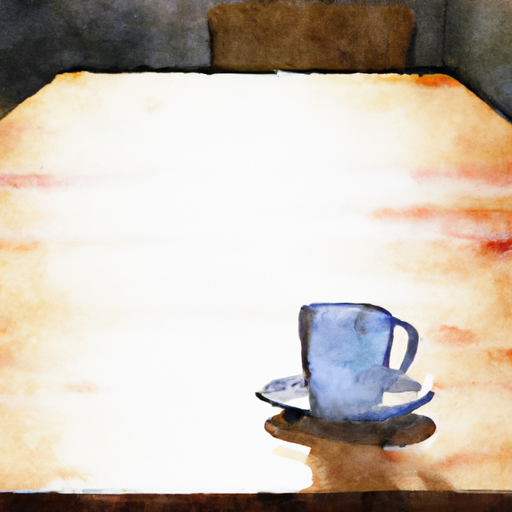 A watercolor painting of a coffee mug in the center of an empty desk