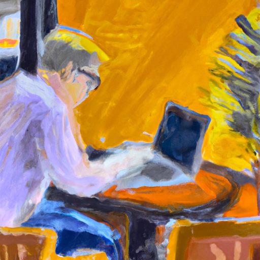 A bright pastel painting of a person researching on a laptop in a cafe