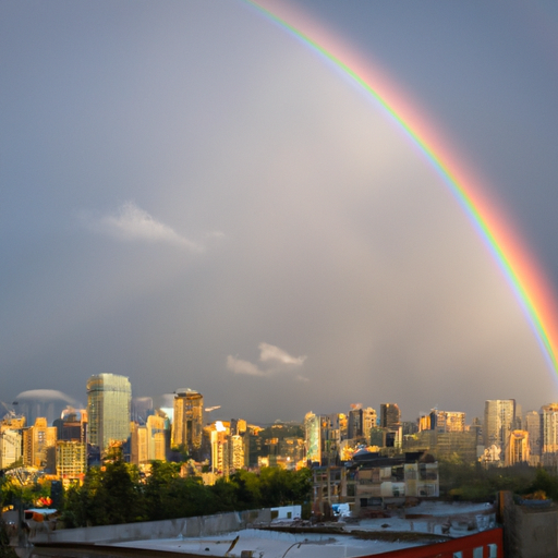 A brightly colored rainbow arching over a vibrant cityscape