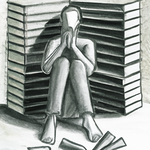 A charcoal drawing of a person sitting on the floor surrounded by open books