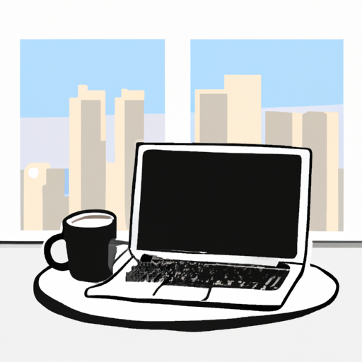 A drawing of a desk with a laptop and a cup of coffee with a view of a city skyline outside the window