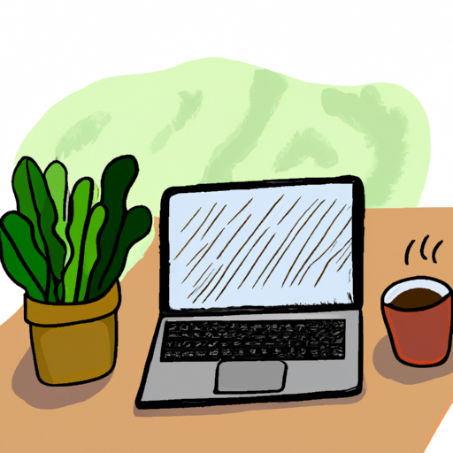 A drawing of a laptop with a mug of coffee on a desk surrounded by plants