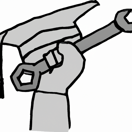 A drawing of a person in a graduation cap holding a wrench