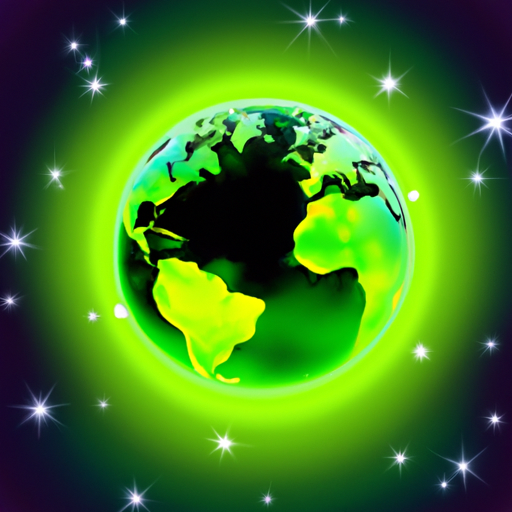 A glowing green globe surrounded by stars