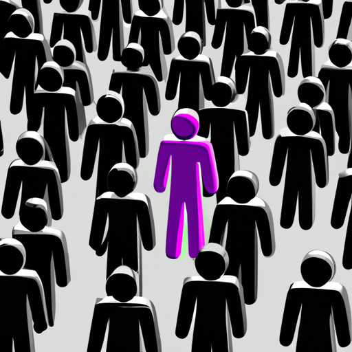 illustration of a crowd of people in black and white except one person is purple