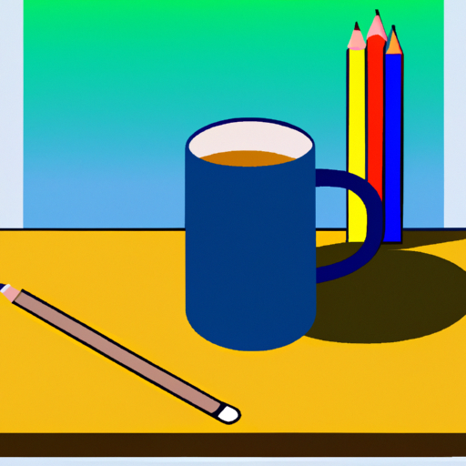 an illustration of a desk with a coffee mug and pencils