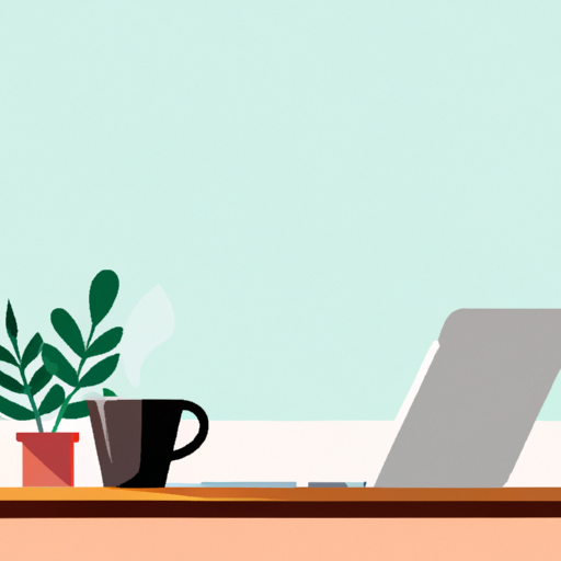 An illustration of a desk with a laptop and a cup of coffee with a plant in the background