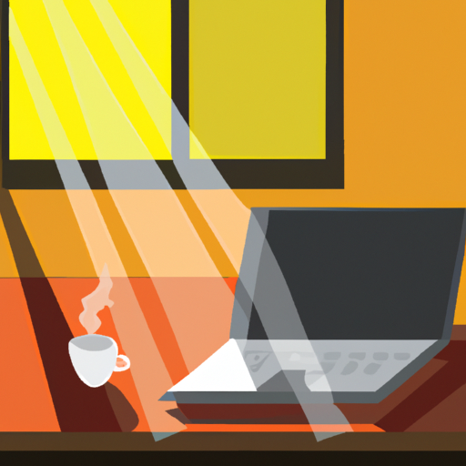 An illustration of a desk with a laptop and a cup of coffee with sunlight streaming through the window