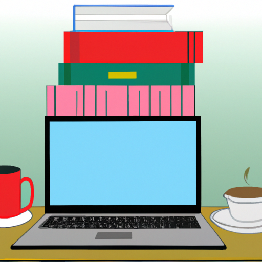 An illustration of a laptop with a cup of coffee on a desk with a stack of books in the background