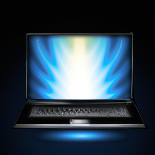 An illustration of a laptop with a glowing screen set against a dark background