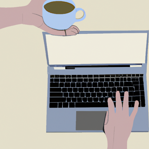 An illustration of a laptop with a hand holding a coffee mug set against a light background